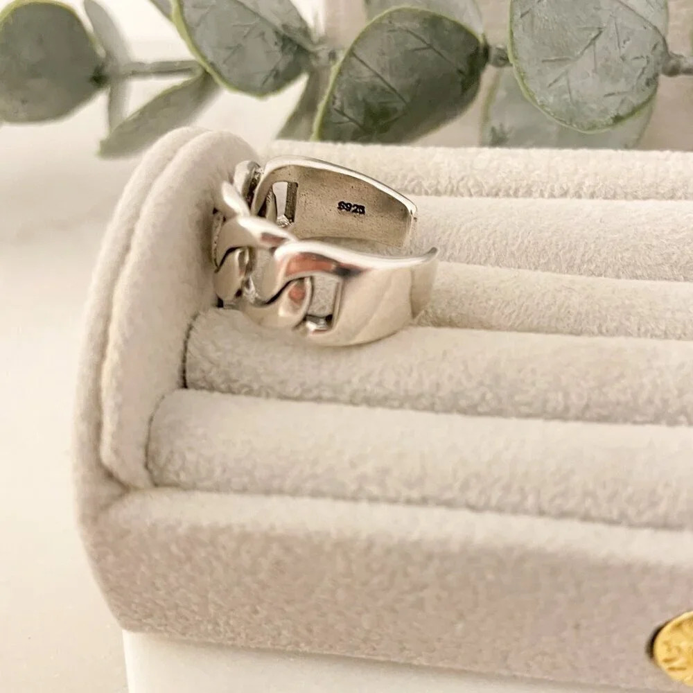 925 Sterling Silver Chunky Ring Curb Chain Ring Thick Wide Ring Band Bold Ring - Picture 11 of 11
